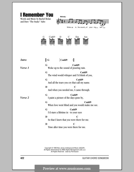 I Remember You (Skid Row) by The Snake, R. Bolan sheet music on MusicaNeo