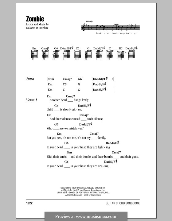 Zombie (The Cranberries) by D. O'Riordan sheet music on MusicaNeo