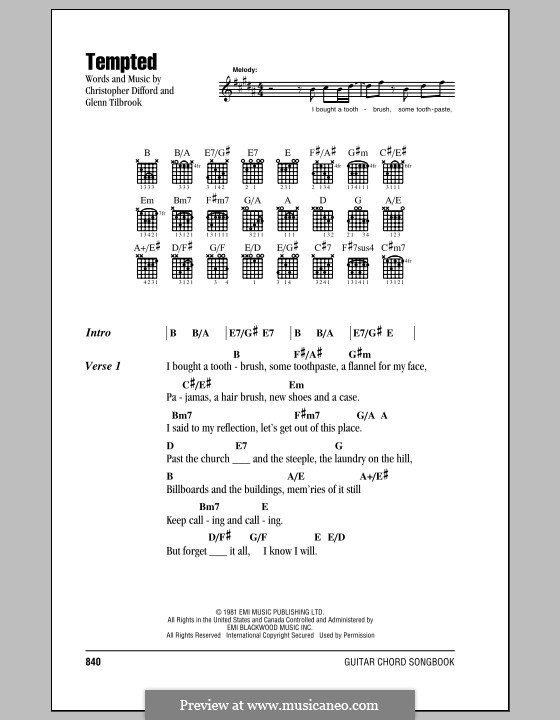 Tempted (Squeeze) by C. Difford, G. Tilbrook sheet music on MusicaNeo