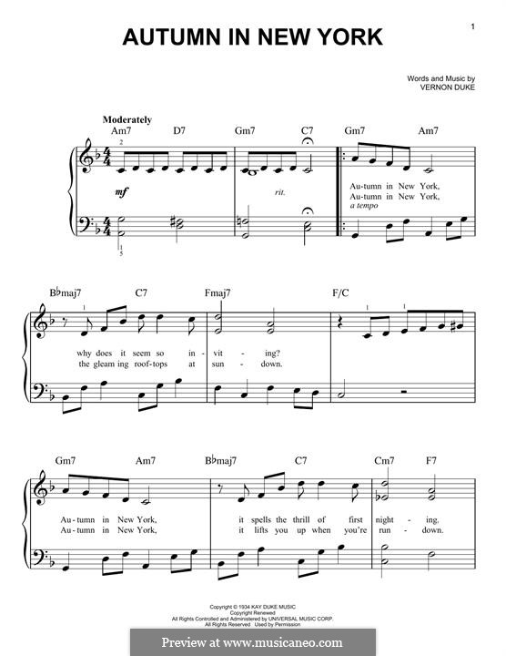 Autumn in New York by V. Duke sheet music on MusicaNeo