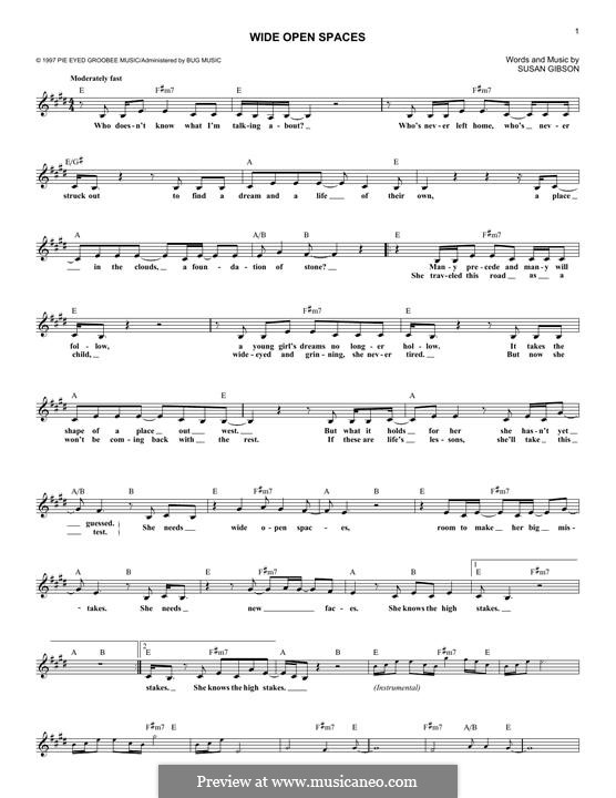 Wide Open Spaces (Dixie Chicks) by S. Gibson sheet music on MusicaNeo