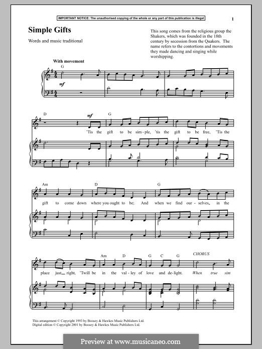 Simple Gifts by folklore sheet music on MusicaNeo