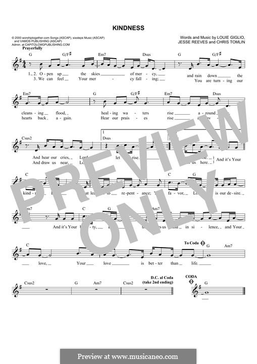 Kindness by C. Tomlin, J. Reeves, L. Giglio sheet music on MusicaNeo