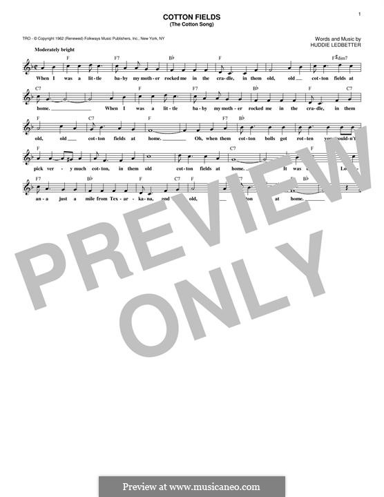 Cotton Fields (The Cotton Song) by H. Ledbetter sheet music on MusicaNeo