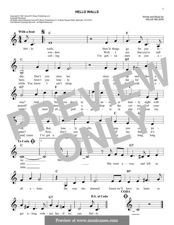 Hello Walls (Faron Young) by W. Nelson sheet music on MusicaNeo