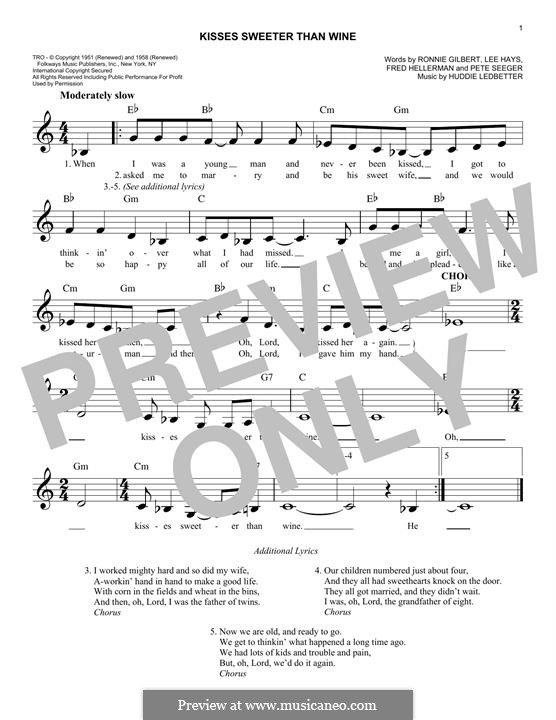 Kisses Sweeter Than Wine by H. Ledbetter sheet music on MusicaNeo