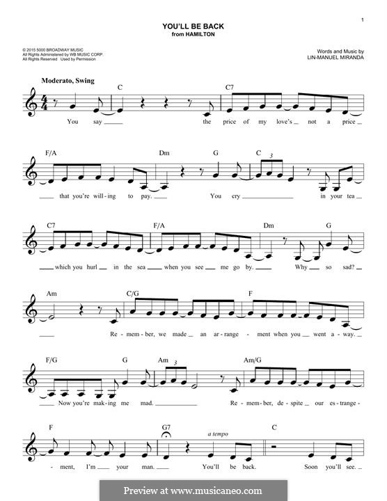 You'll Be Back (from 'Hamilton') by L. Miranda sheet music on MusicaNeo