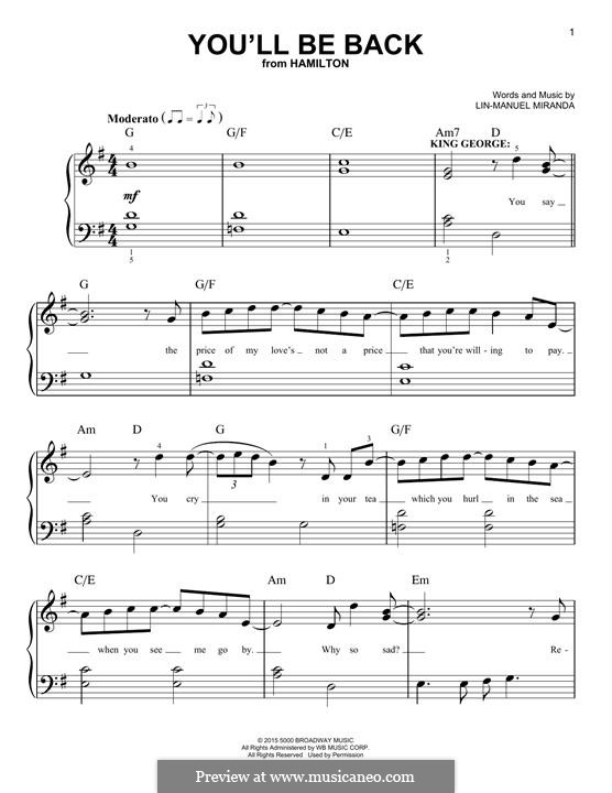 You'll Be Back (from 'Hamilton') by L. Miranda sheet music on MusicaNeo