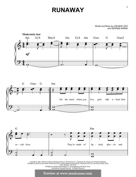Runaway (Bon Jovi) by G. Karakoglou, J.B. Jovi sheet music on MusicaNeo
