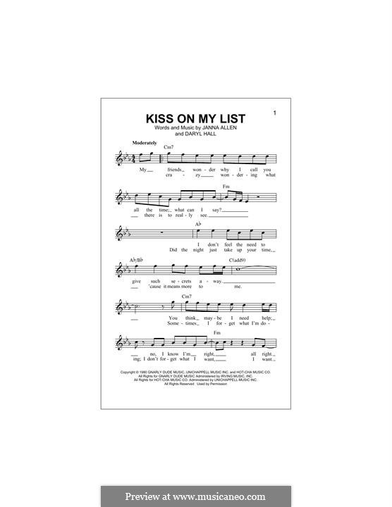 Kiss on My List (Hall & Oates) by D. Hall, J. Allen on MusicaNeo