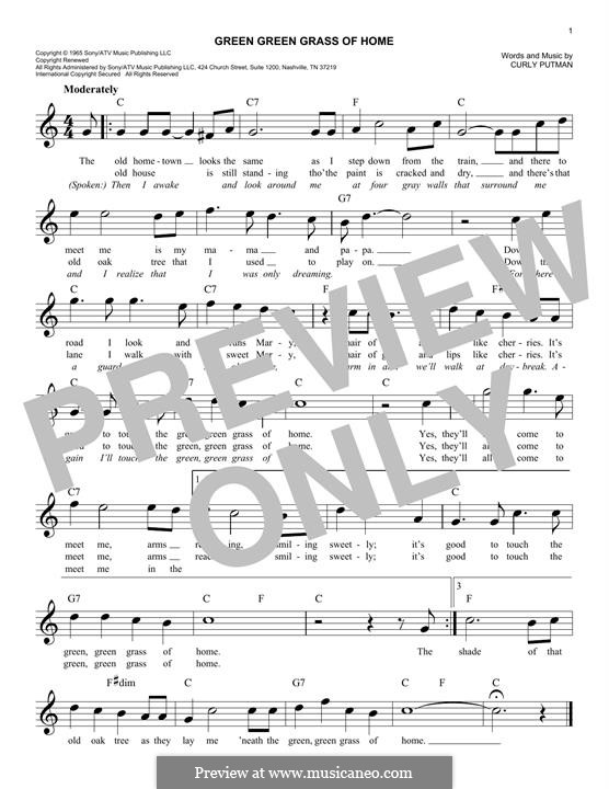 Green Green Grass of Home by C. Putman sheet music on MusicaNeo