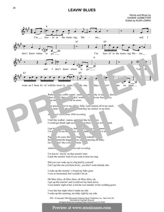 Leavin' Blues (Lead Belly) by H. Ledbetter sheet music on MusicaNeo