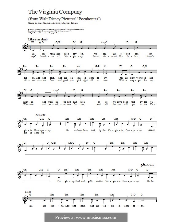 The Virginia Company (from Pocahontas) by A. Menken on MusicaNeo