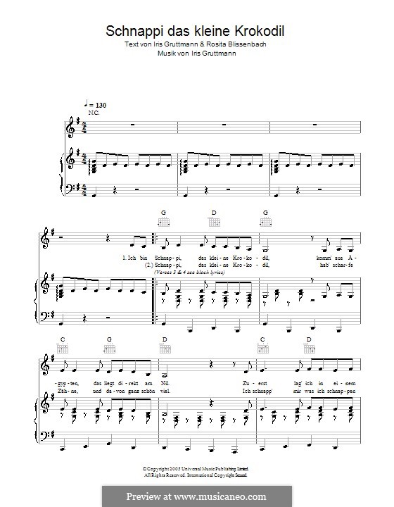 Schnappi das kleine Krokodil von I. Gruttmann Noten auf MusicaNeo