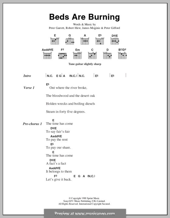 Beds Are Burning (Midnight Oil) von J. Moginie, P. Garrett, R. Hirst auf MusicaNeo