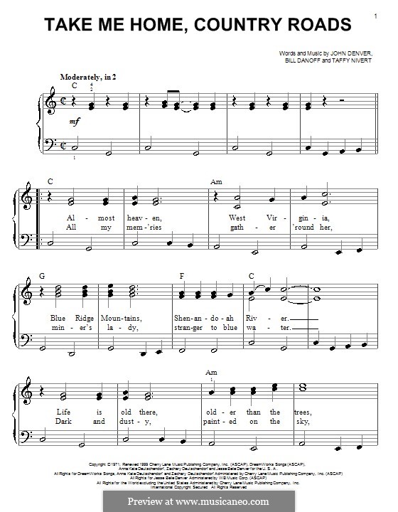 Take Me Home, Country Roads von B. Danoff, J. Denver, T. Nivert auf MusicaNeo