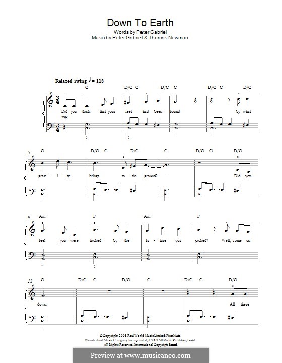Down to Earth (from WALL•E) von P. Gabriel, T. Newman Noten auf MusicaNeo