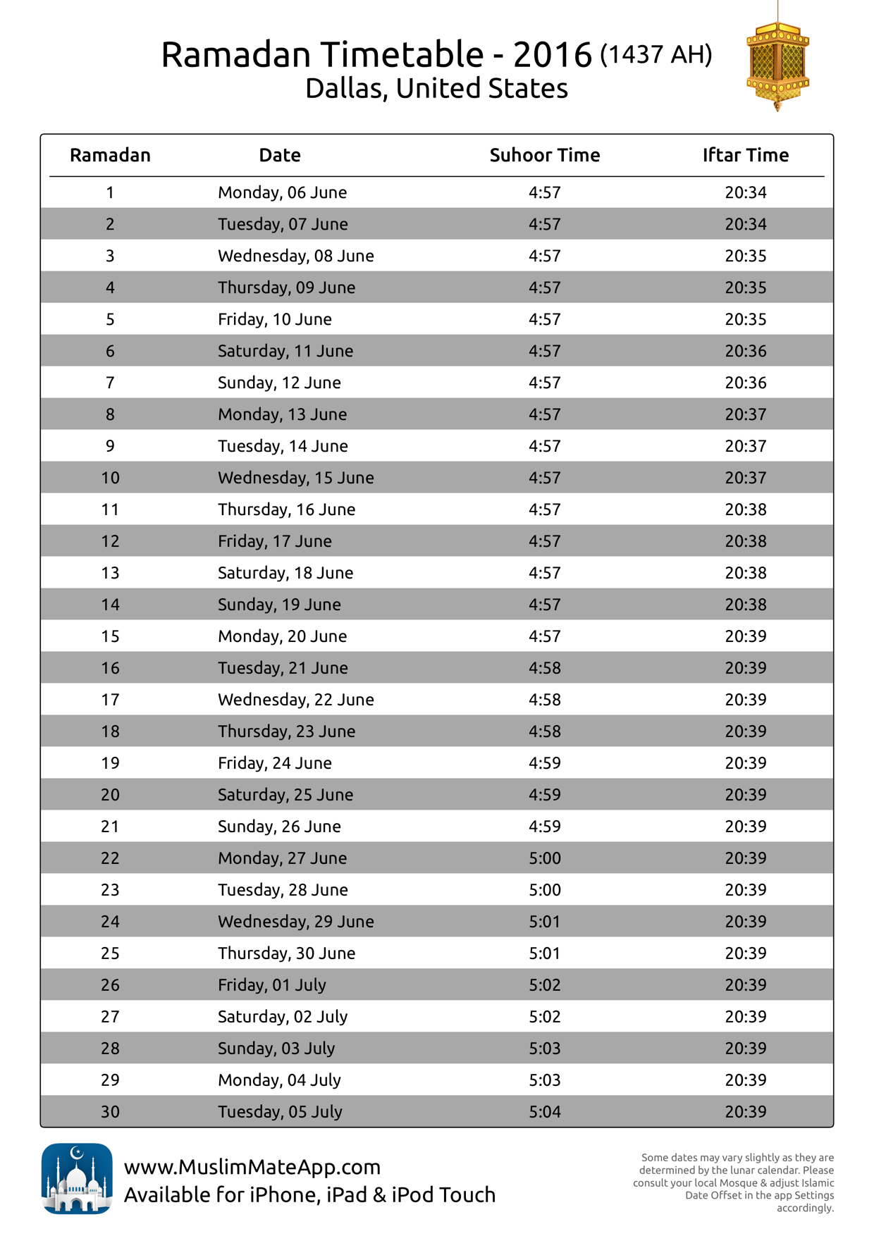 Ramadan 2016 Time Table for USA with Suhoor and Iftar Timings Muslim Mate