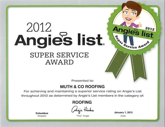 Muth Tops Roofing Contractors In Columbus, Ohio By Winning Angie's List Super Service Award For 14Th Straight Year - Columbus Roofing, Gaf Shingles, Metal Roofing, Gutter Repair