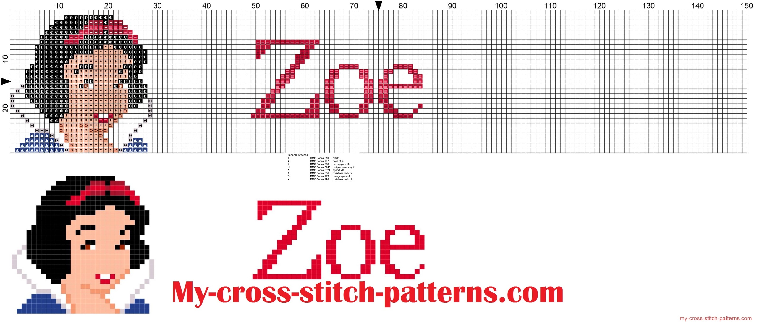 Zoe cross stitch pattern name with Disney Princess White Snow free