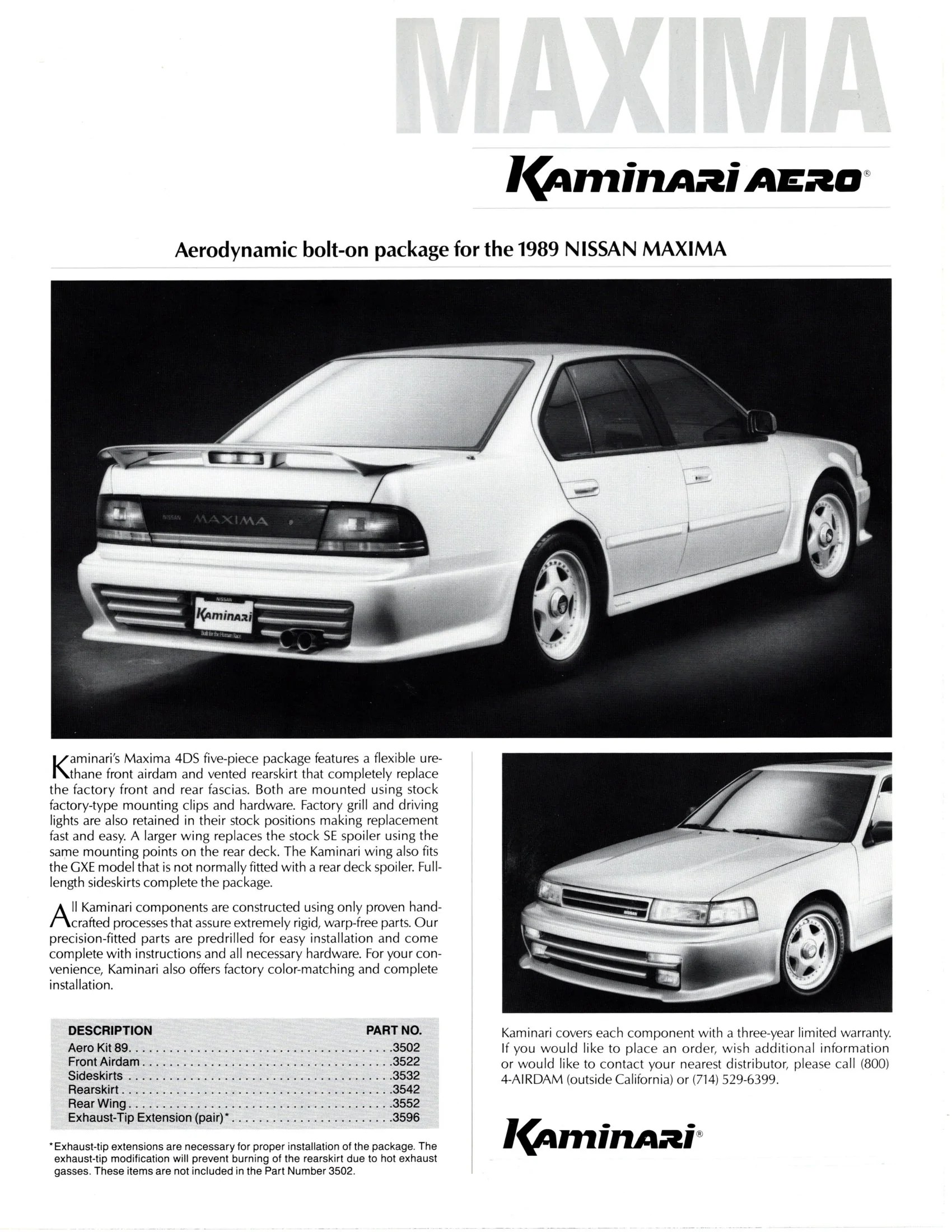 KAMINARI AERODYNAMICS 1989-1995 3rdgen Nissan Maxima Rare Body Kit