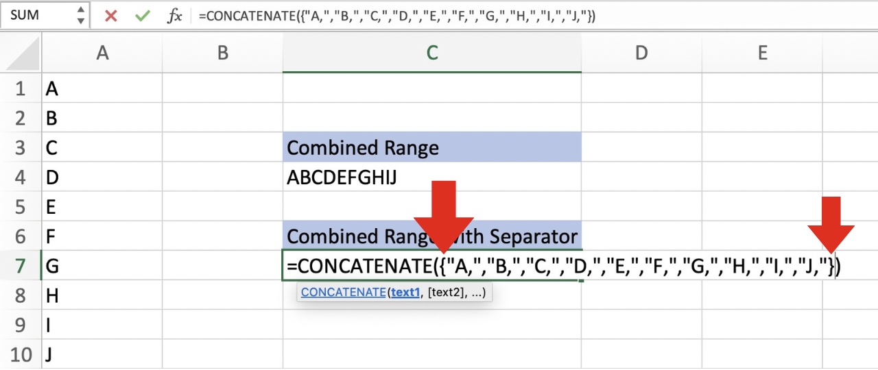 Concatenate Combining Cell Ranges in Excel