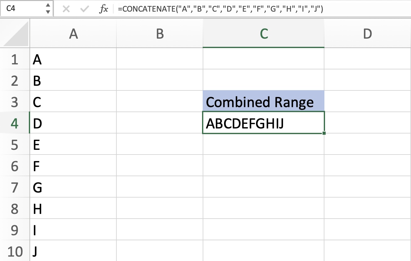 Concatenate Combining Cell Ranges in Excel