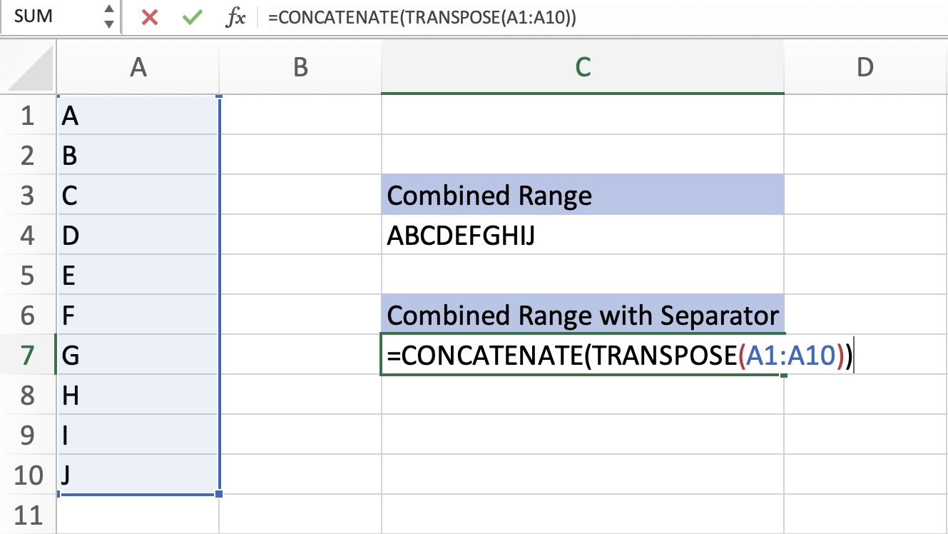 Concatenate Combining Cell Ranges in Excel