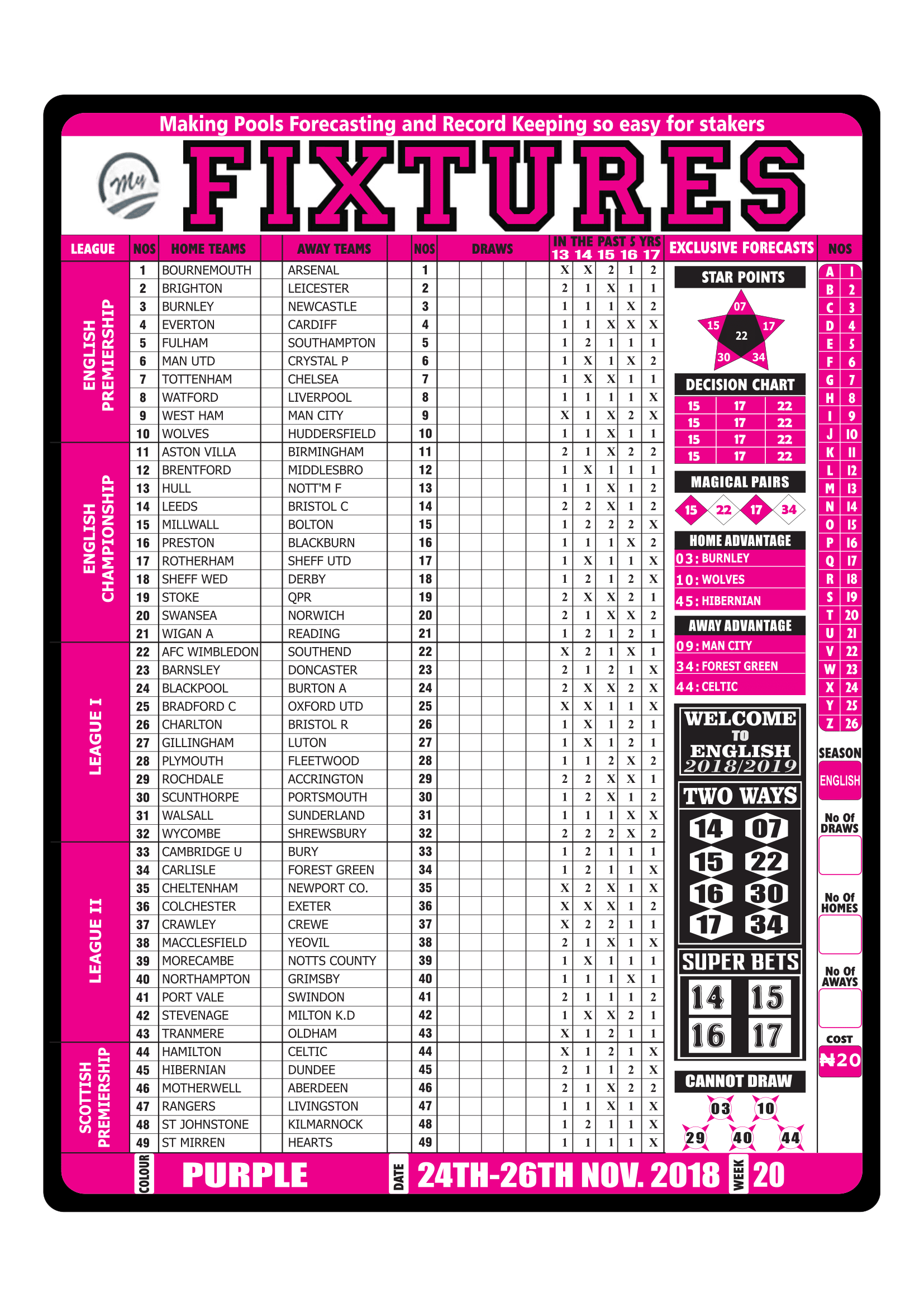 Advance Fixtures for Football Pools