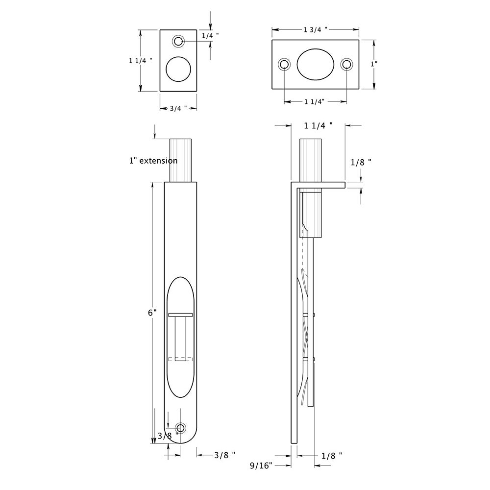 Flush Door Bolt Collection Solid Brass 6" Heavy Duty Flush Bolt in