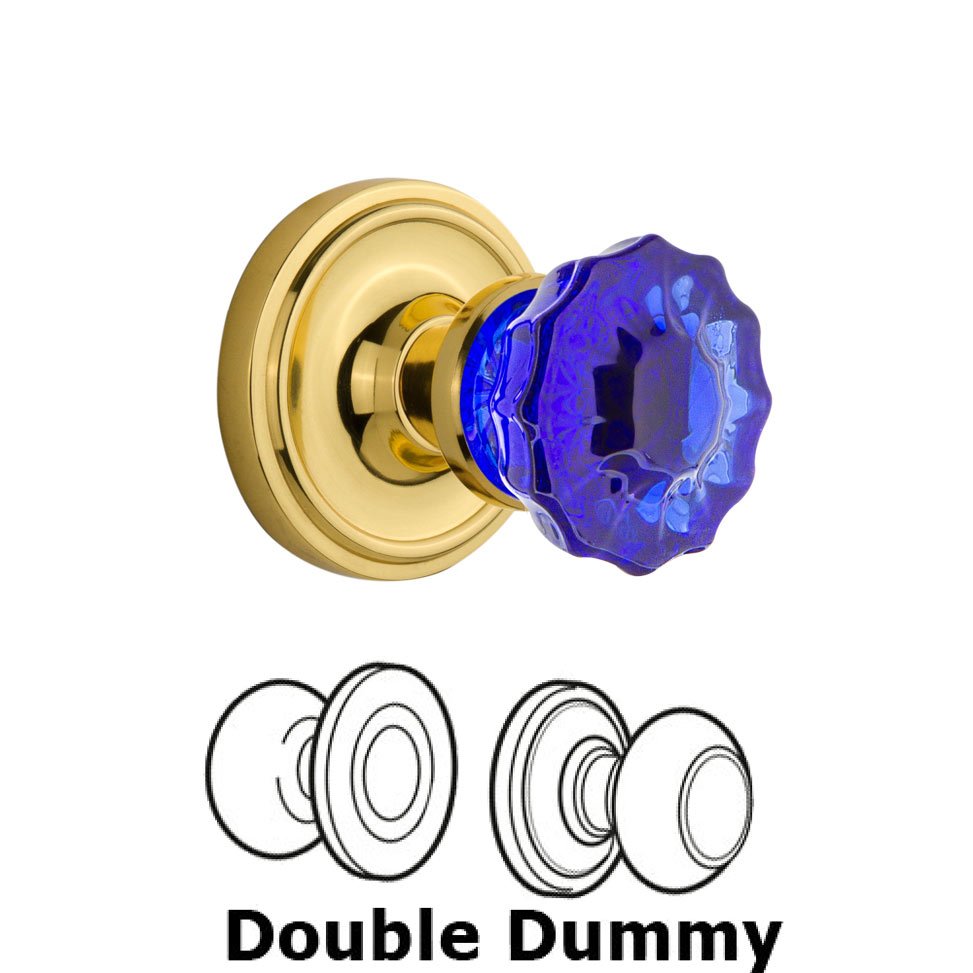 Classic Collection Double Dummy Classic Rose Crystal Cobalt Glass Door Knob in Polished Brass