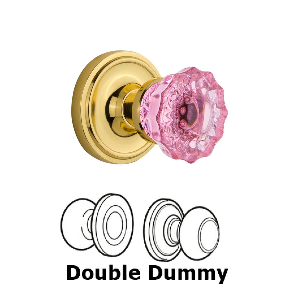 Classic Collection Double Dummy Classic Rose Crystal Pink Glass Door Knob in Unlaquered Brass