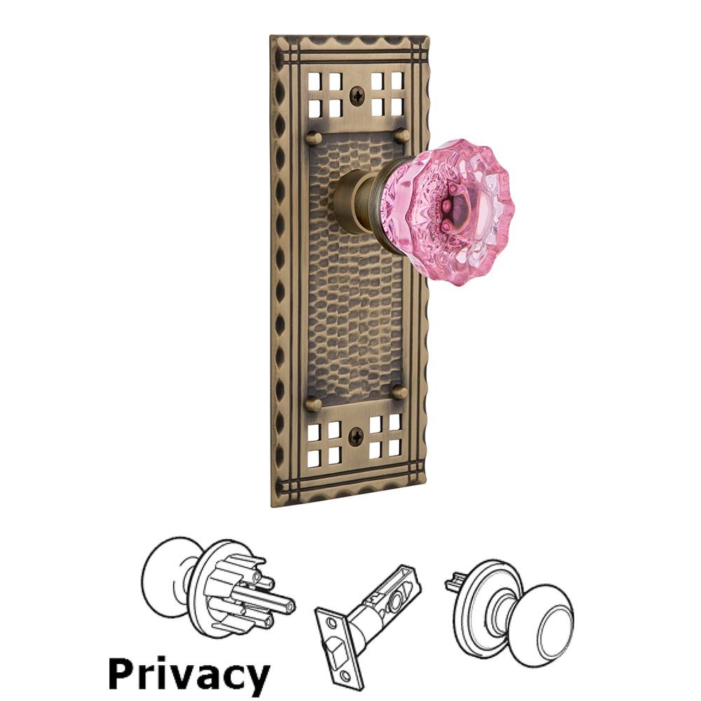 Craftsman Collection Privacy Craftsman Plate Crystal Pink Glass Door Knob in Antique Brass by