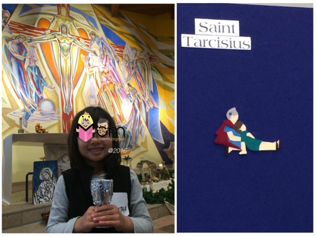 Left: Beautiful background mural of the sacraments.   Right:  We learned about St Tarcisius, the patron saint for all First Communicants.