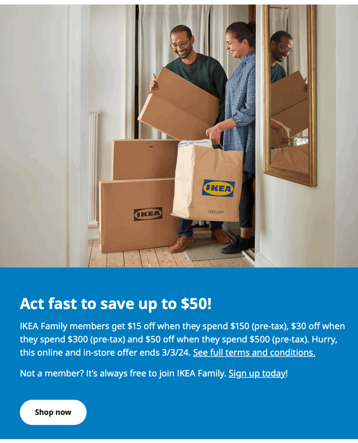 IKEA Family Discount 15 off 150, 30 off 300, 50 off 500 (Ends 3