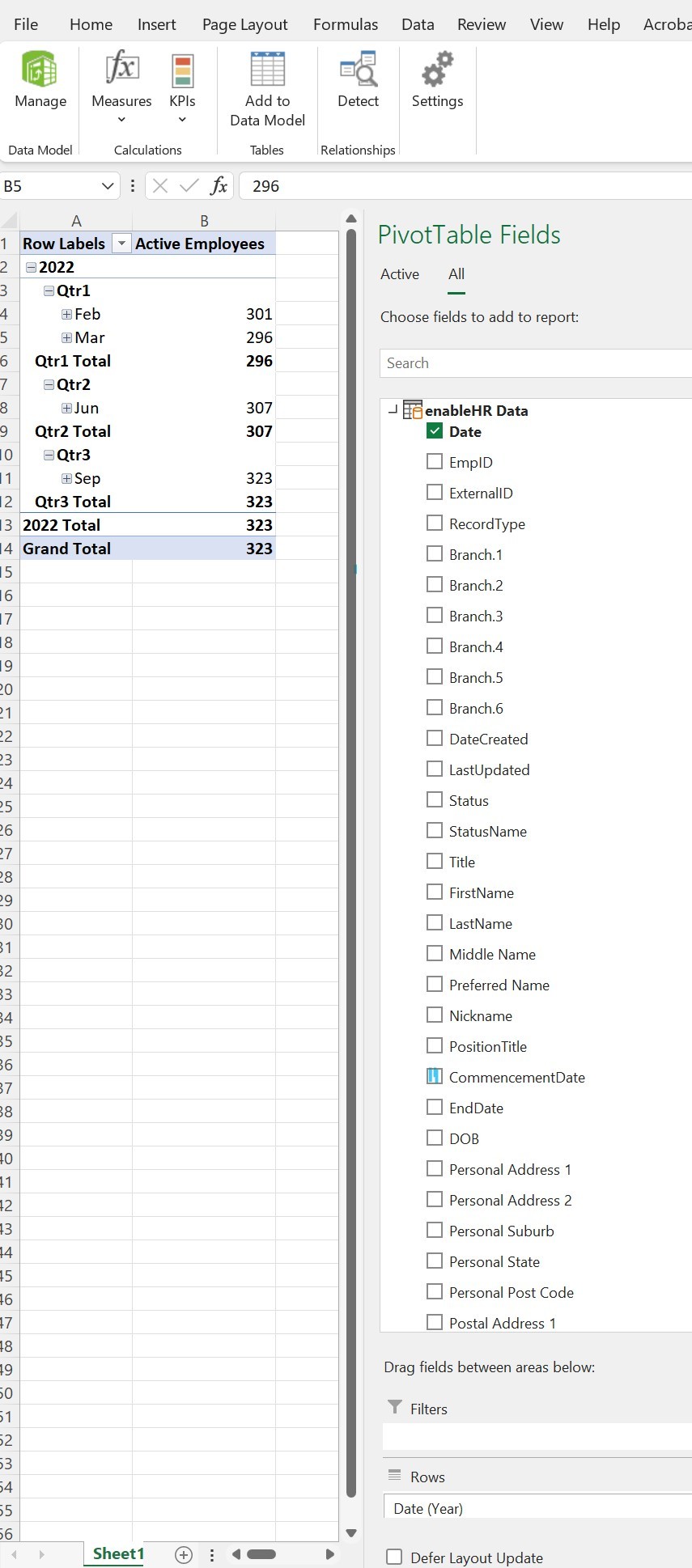 Count measure using commencement date column Power Pivot Excel