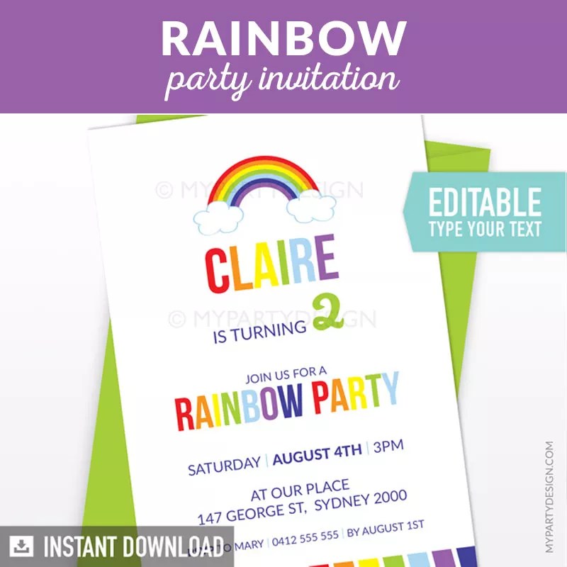 Rainbow Birthday Invitation, Printable Invite My Party Design