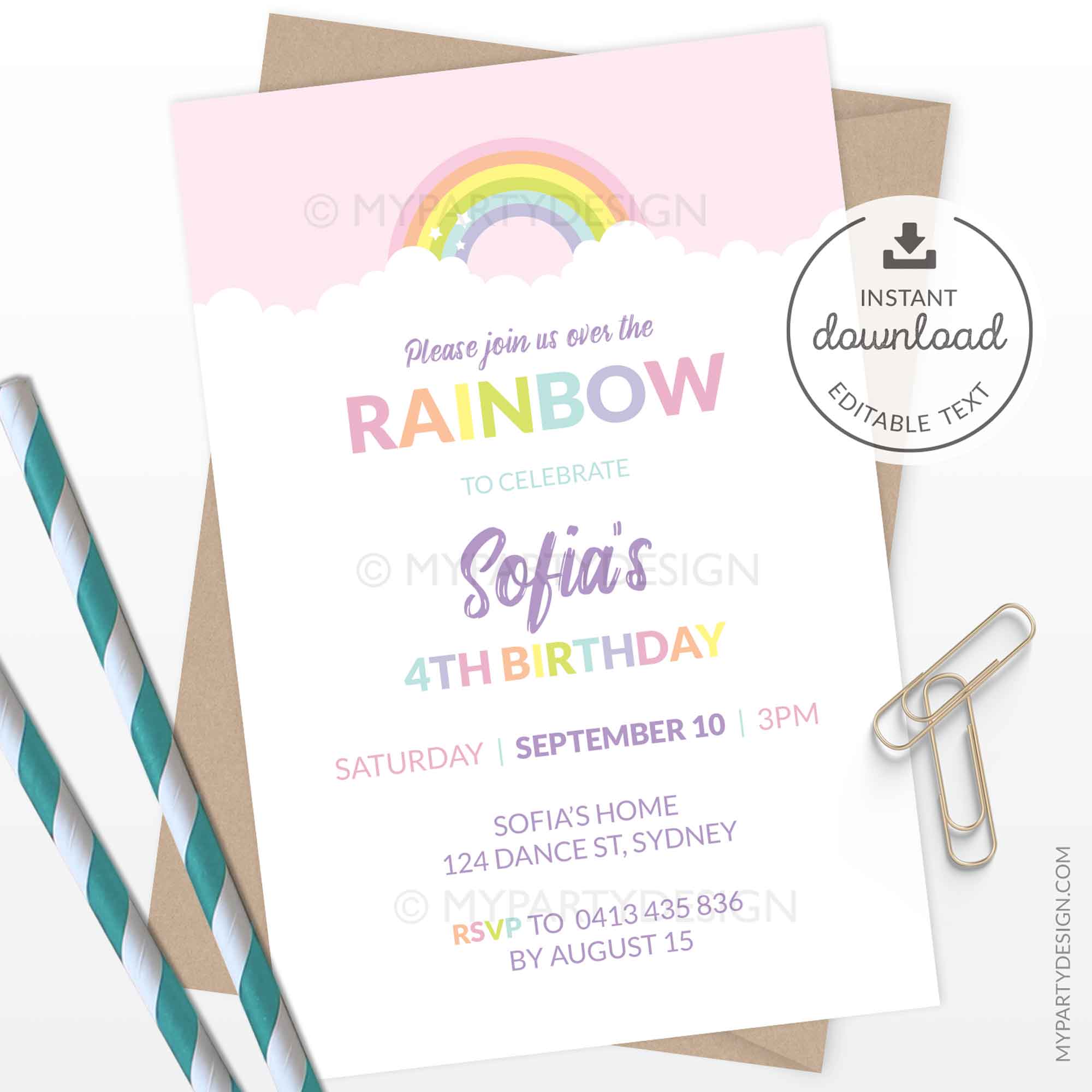 Pastel Rainbow Birthday Invitation, Pink My Party Design