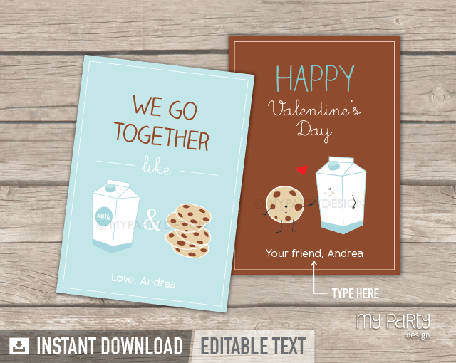 Valentine's Day Cards Printable Cookies and Milk theme My Party Design
