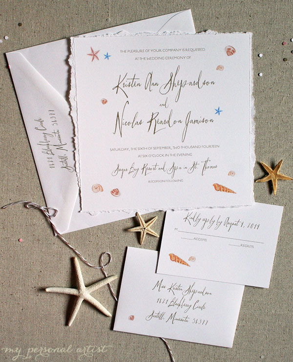 Elegant Seashells Handmade Beach Wedding Invitations Custom Save the