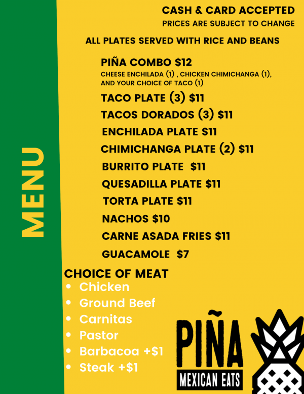 Menu Pina Mexican Eats Food Truck