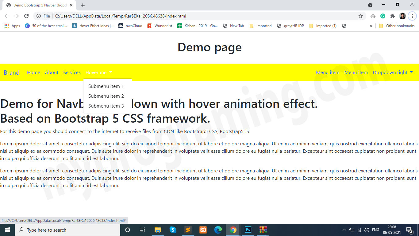 Bootstrap 5 Navbar with Dropdown and Hover Animation Effect. myprograming