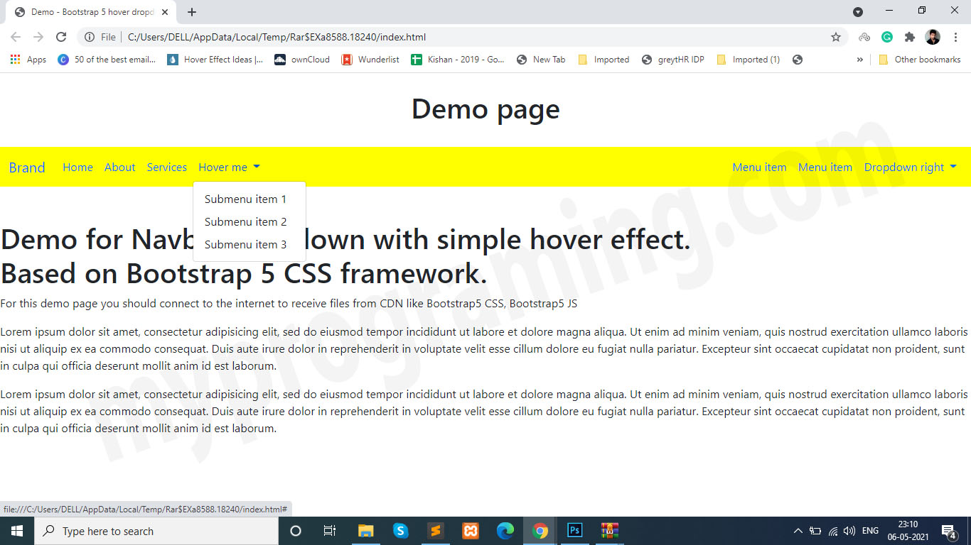 Bootstrap 5 Navbar with Dropdown and Hover Effect myprograming