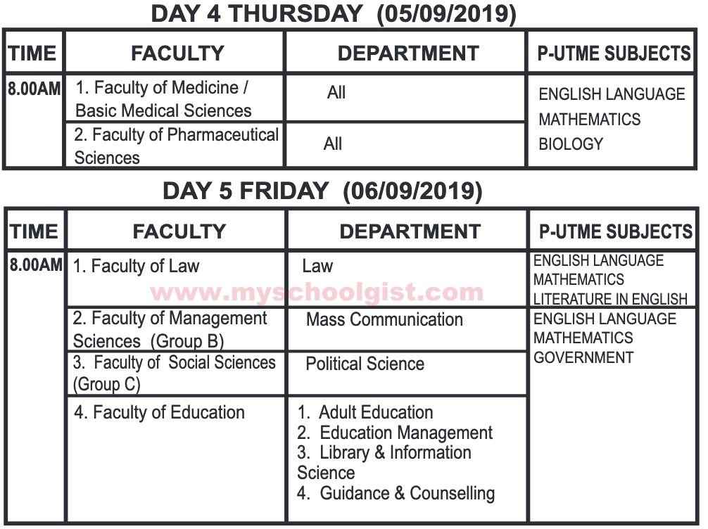 ESUT Post UTME Screening Exam Timetable 2019/2020 • MySchoolGist