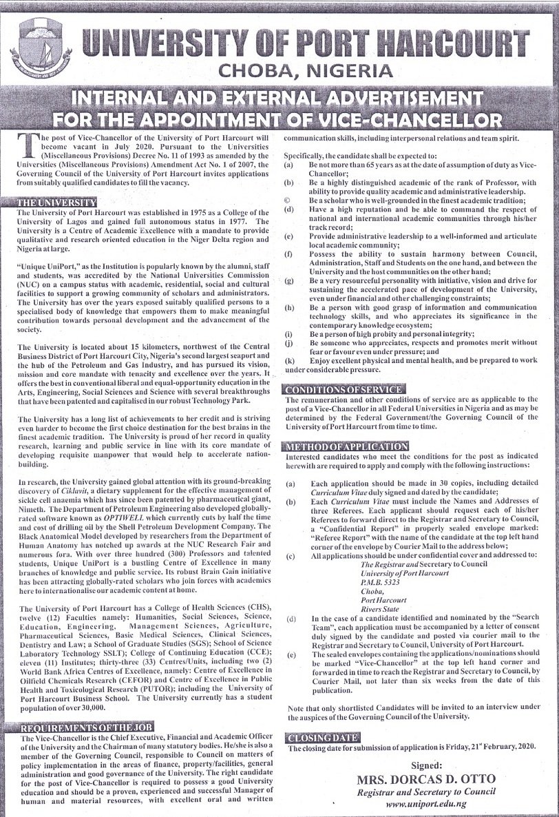 Vacancy for the Post of ViceChancellor at UNIPORT