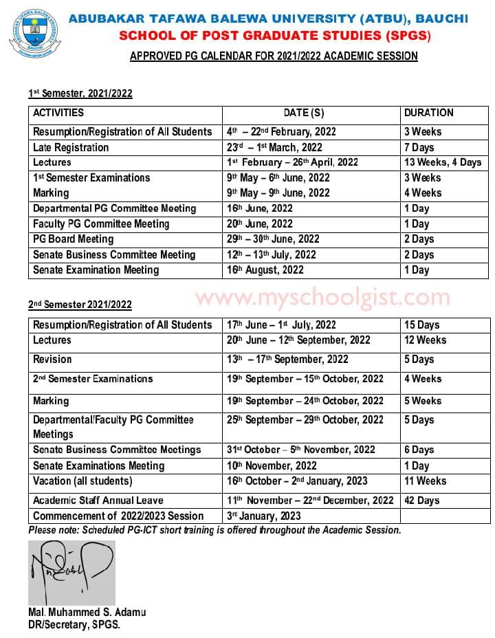 ATBU Postgraduate Academic Calendar 2021/2022