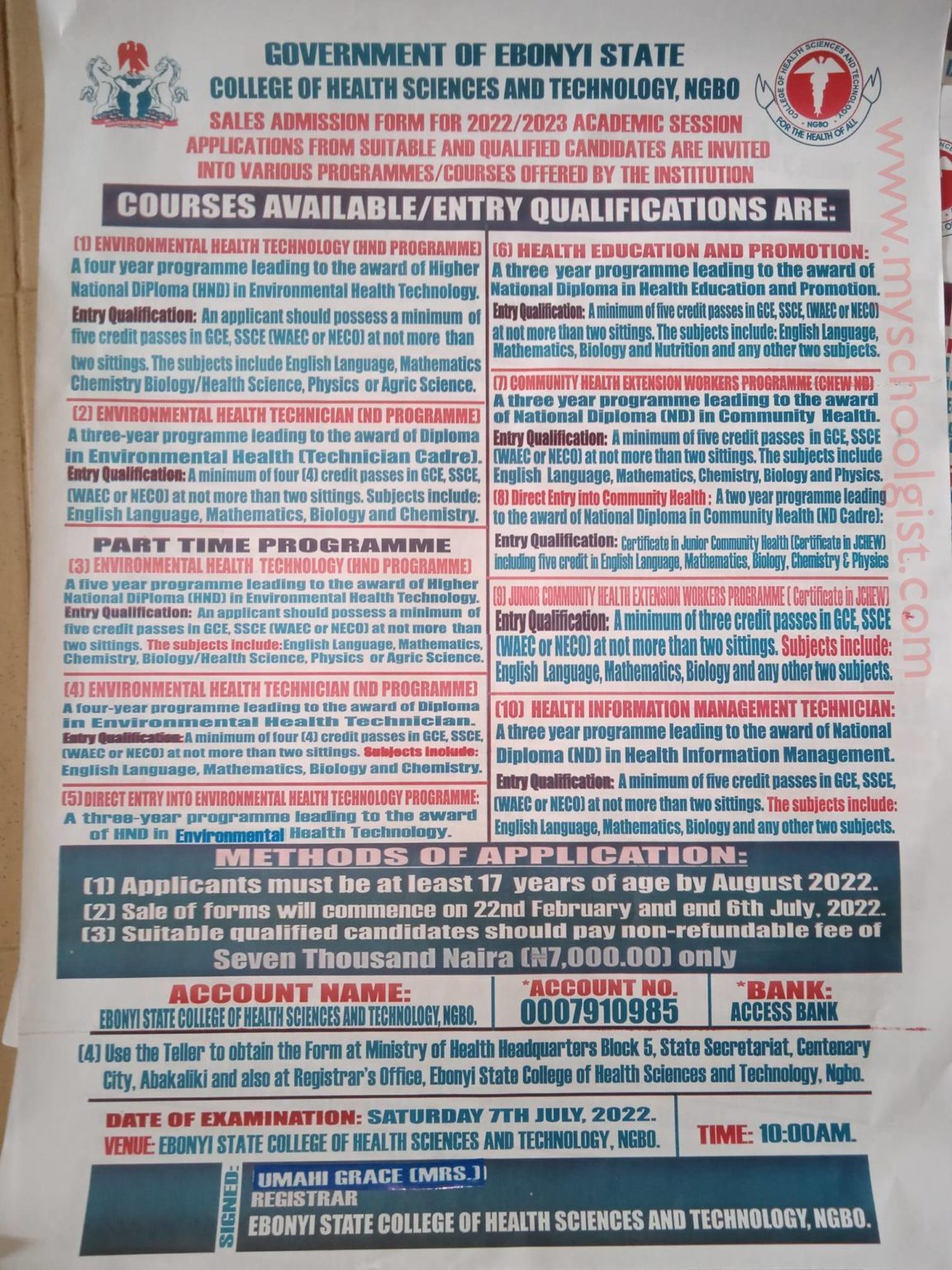 Ebonyi College of Health Sciences and Tech Admission Form 2022/2023