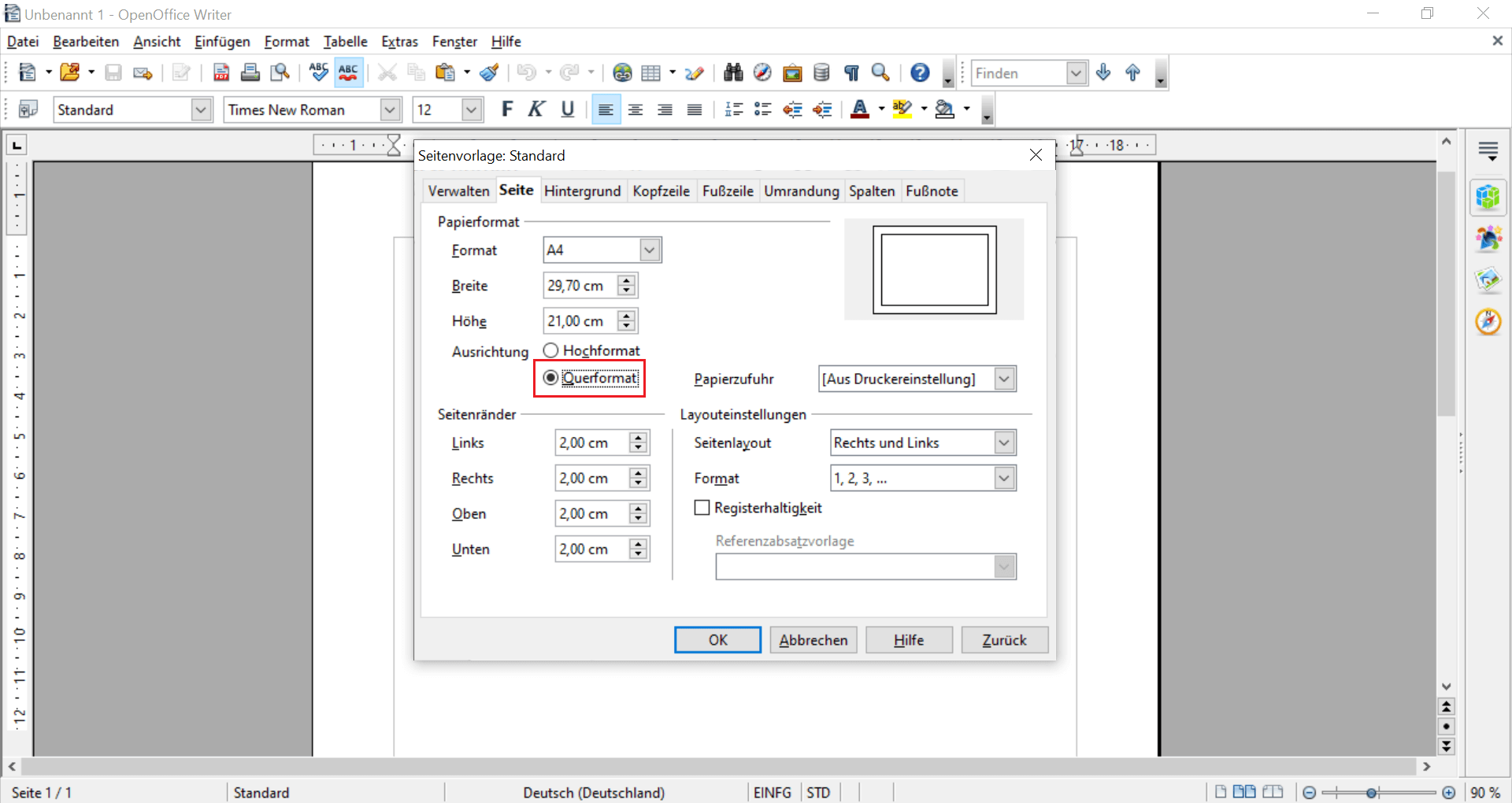 Open Office Querformat einstellen