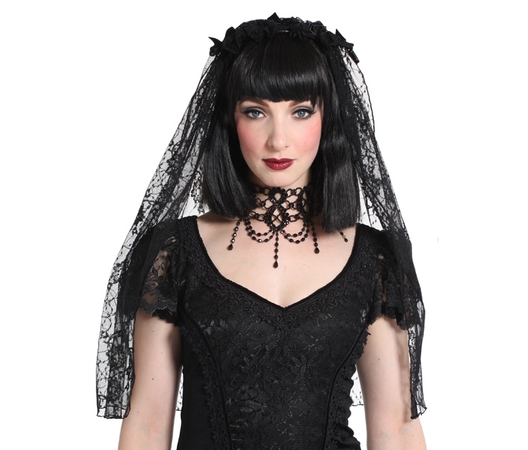 Sinister Gothic Black Lace Wedding Veil w Roses & Velvet Bows [H010
