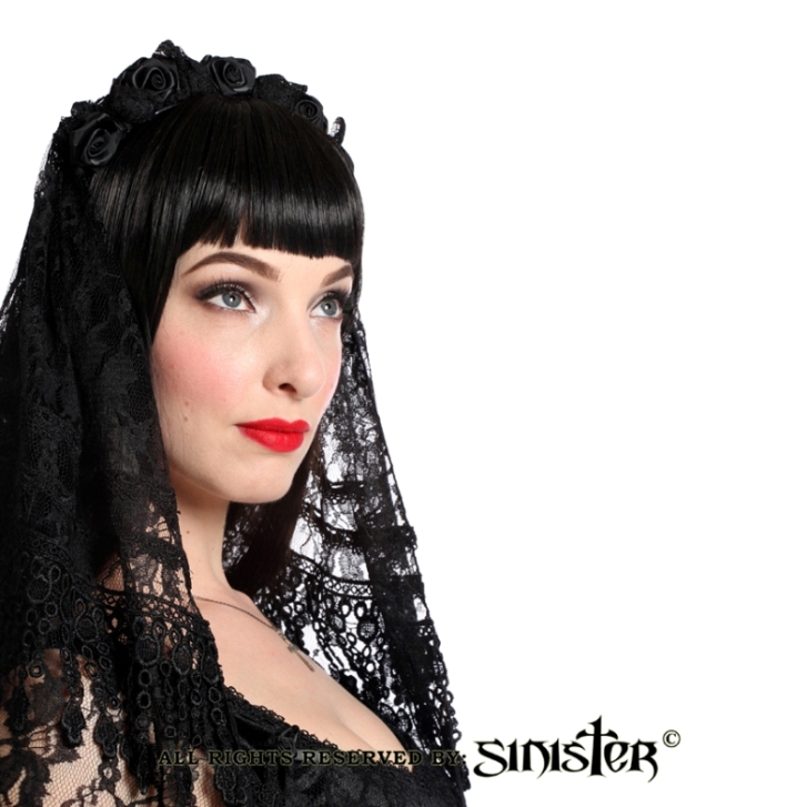 Sinister Gothic Black Lace Wedding Veil w Lace Fringe & Satin